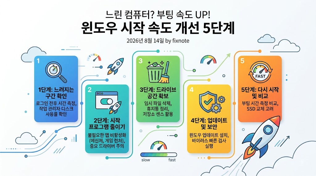 윈도우 컴퓨터 부팅 속도를 개선하는 5단계 방법을 설명하는 인포그래피 이미지. 느려지는 구간 확인, 시작 프로그램 줄이기, 드라이브 공간 확보, 업데이트 및 보안 검사, 다시 시작 및 결과 비교 단계를 아이콘과 함께 보여줍니다.
