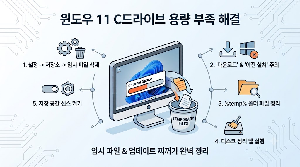 윈도우 11 C드라이브 용량 부족 해결 방법을 보여주는 인포그래픽. 중앙의 컴퓨터와 주변의 5단계 청소 방법(설정, 임시 파일, Temp 폴더, 디스크 정리, 저장 공간 센스) 아이콘 및 한글 설명.